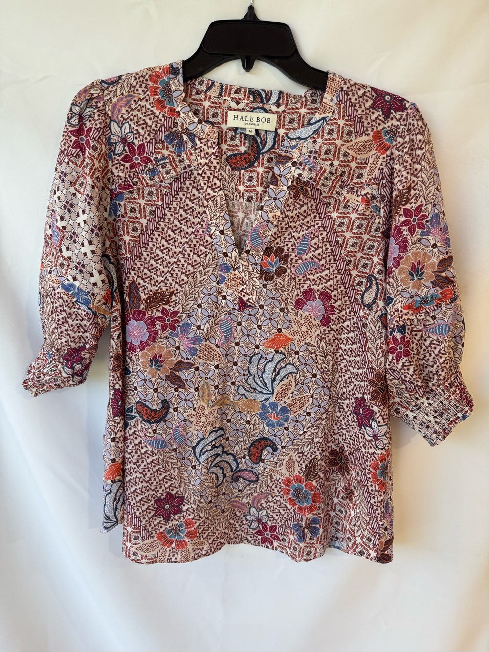 Hale Bob Floral Patchwork Split-Neck Top in Pink, Blue & Orange